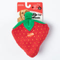 Plush strawberry dog toy with green leafy top and yellow seed dots.