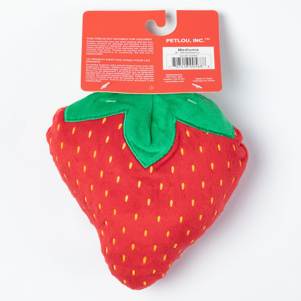 Plush strawberry dog toy back with green top and yellow seed dots; hang loop.