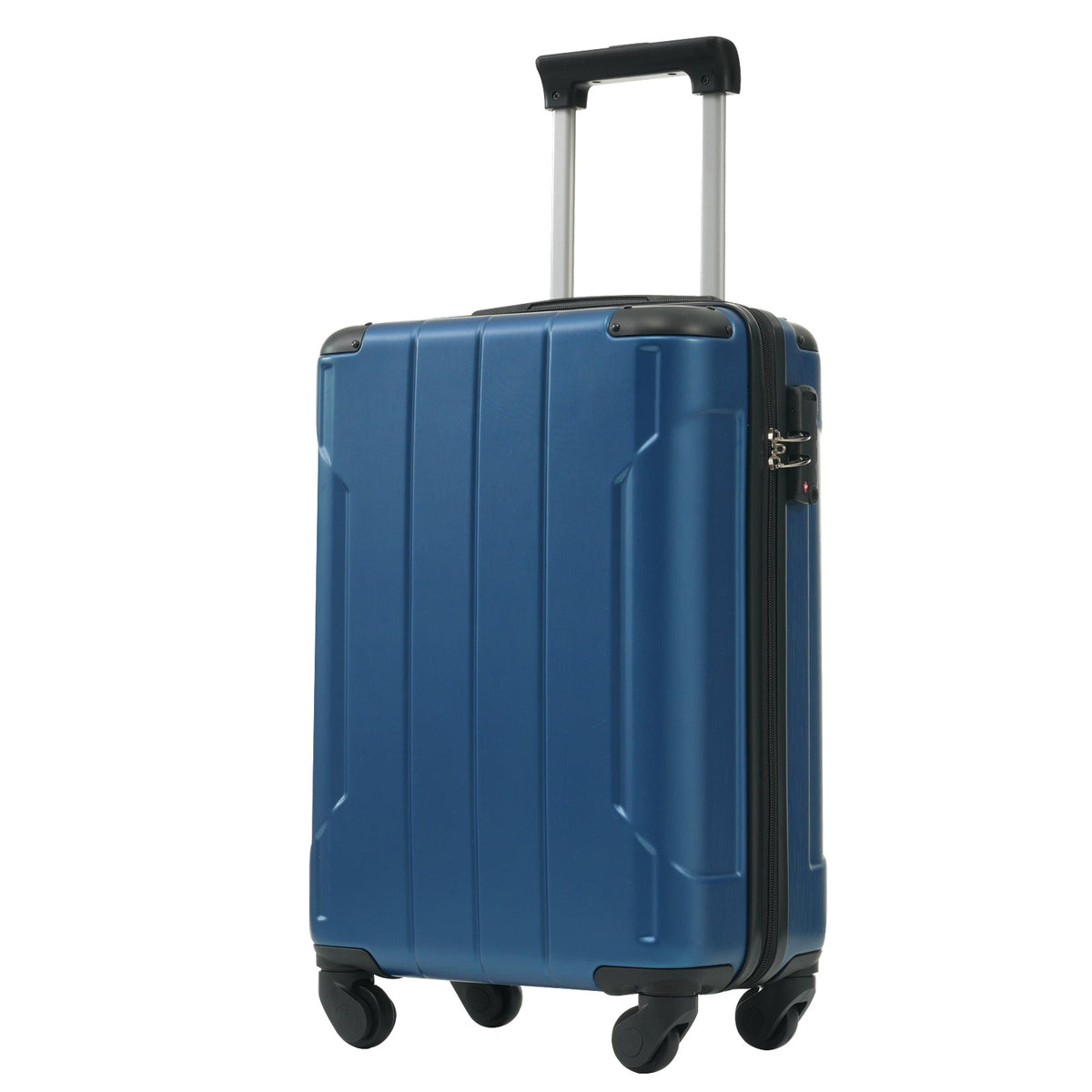 Blue hard-shell carry-on suitcase with telescoping handle and four spinner wheels
