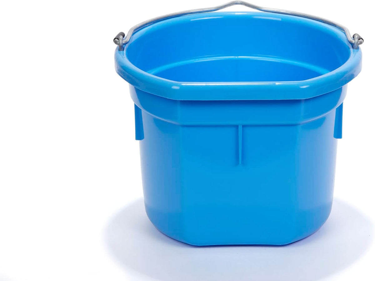 Blue plastic livestock feed bucket with metal handles, open top.