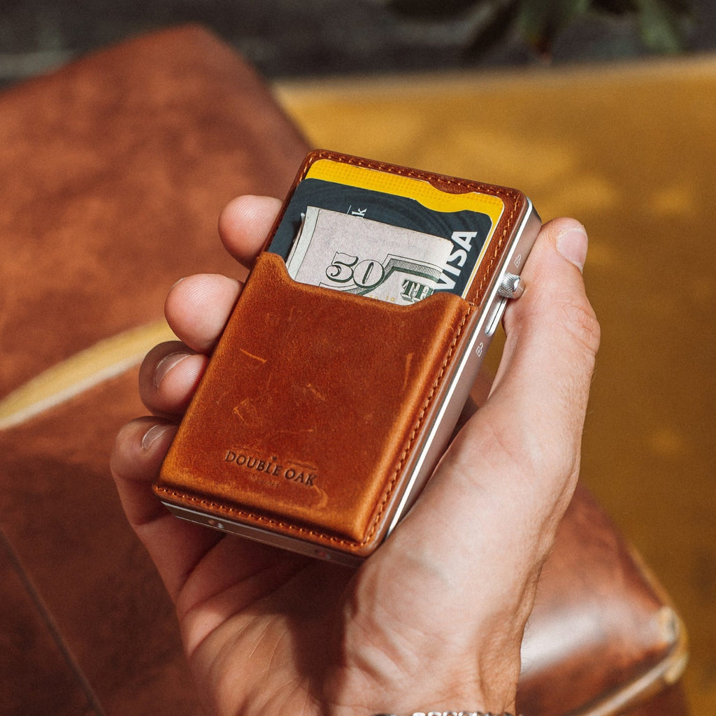 Brown leather mod wallet with card slot window and yellow edge trim