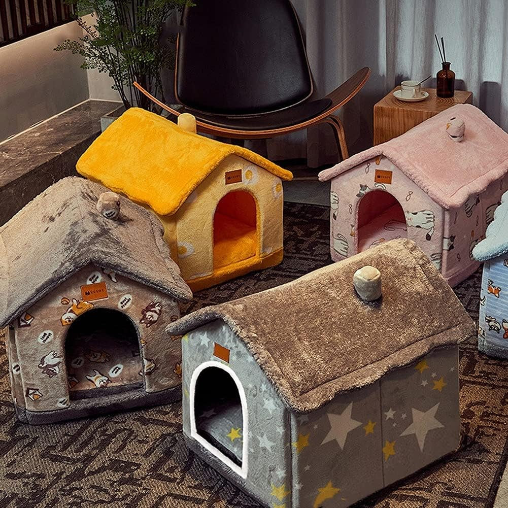 Assorted-color foldable indoor dog house beds with plush roofs and arched entrances.