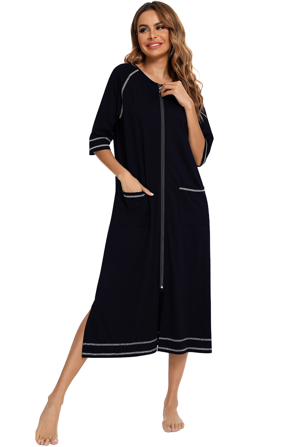 Black zip-up night dress with round neck, side pockets, and contrast-trim slit hem