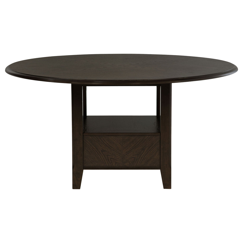 Dark cocoa round dining table with open lower shelf and four legs