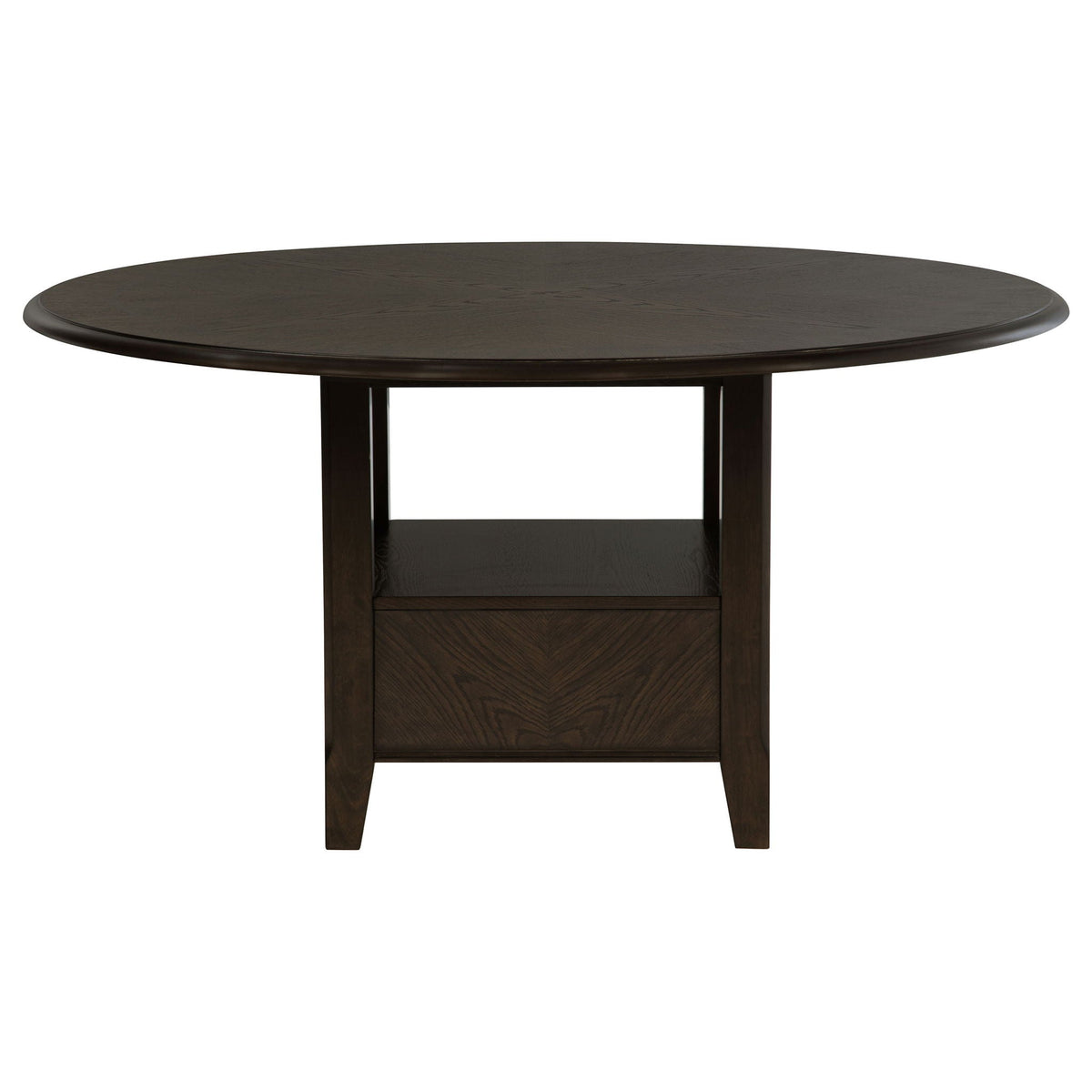 Dark cocoa round dining table with open lower shelf and four legs