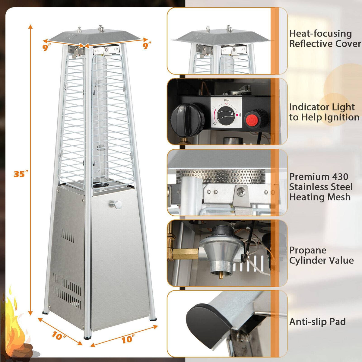 Stainless steel tabletop patio heater diagram showing control knob and gas valve area