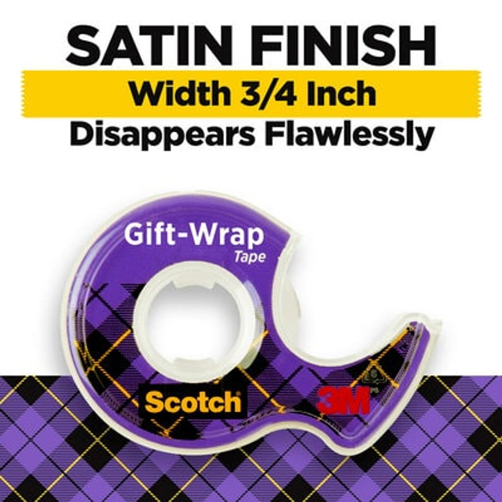 Satin-finish gift wrap tape roll, purple plaid with Scotch and 3M logos
