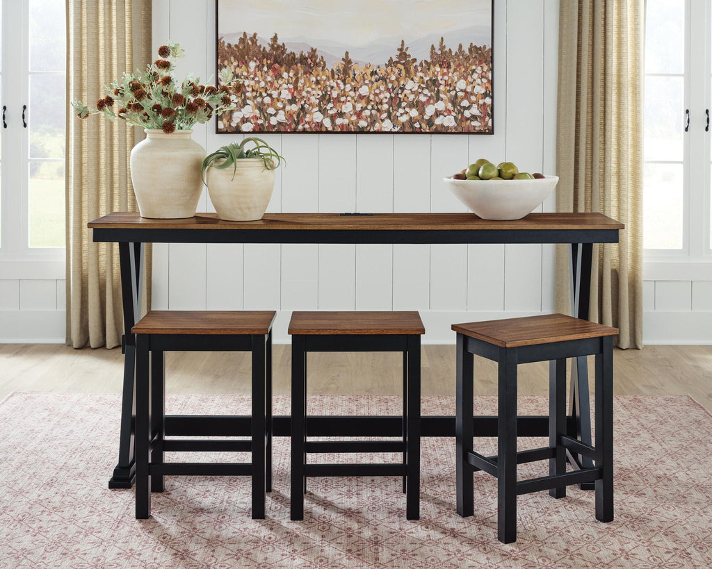 Rectangular dining counter table with three brown wood stools and black frames