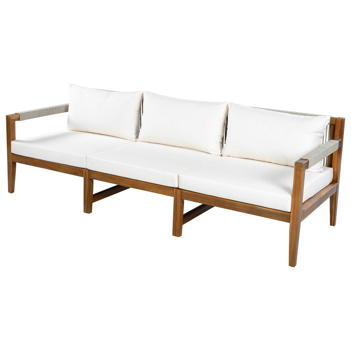 Outdoor loveseat sofa with white cushions and acacia wood arms, three back pillows