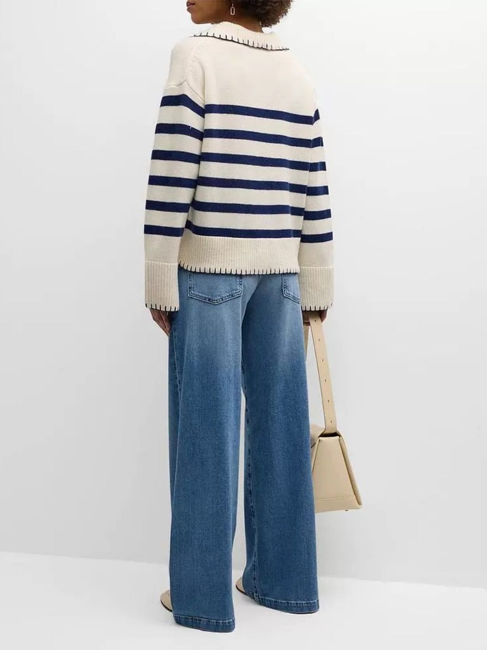 Women’s striped knit polo pullover, cream with navy horizontal stripes, ribbed hem