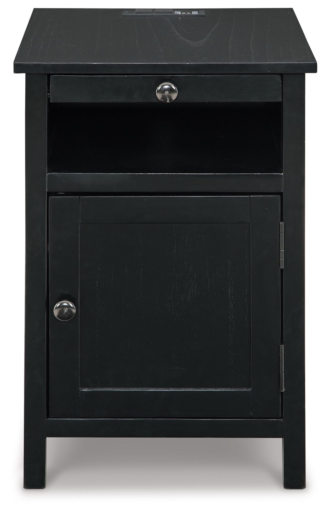 Chair side end table in black with drawer front, open shelf, and cabinet door