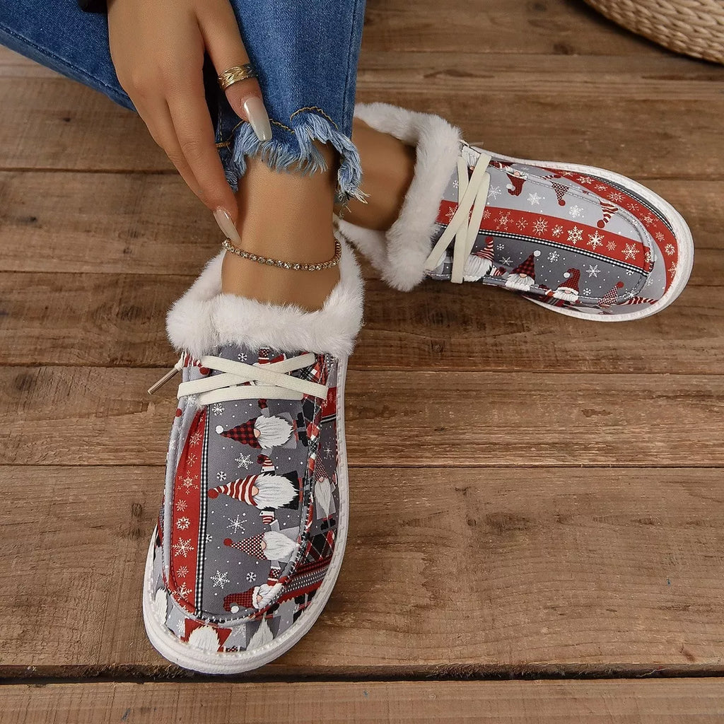 Christmas print sneakers with faux fur lining, white laces, and round toe