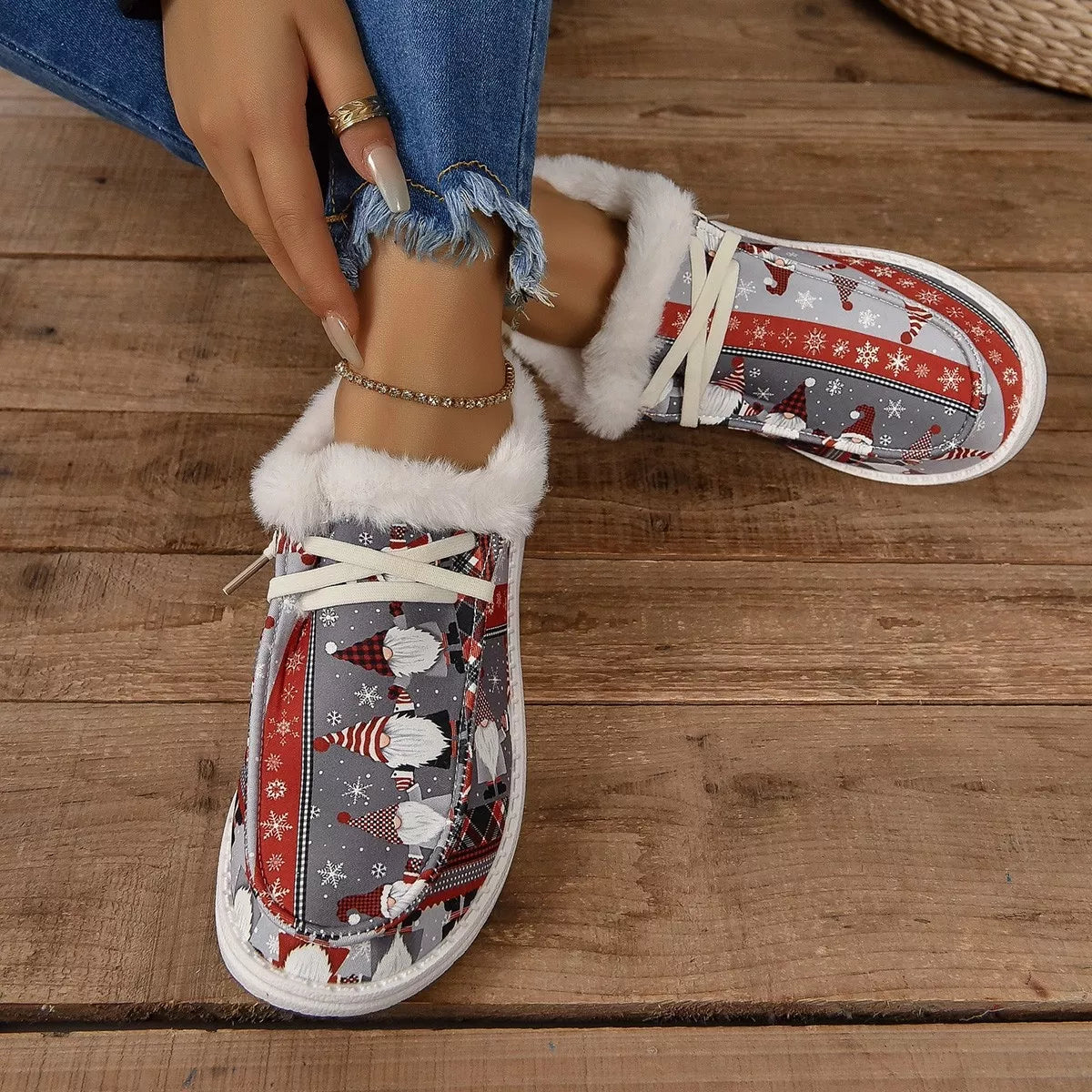 Christmas print sneakers with faux fur lining, white laces, and round toe