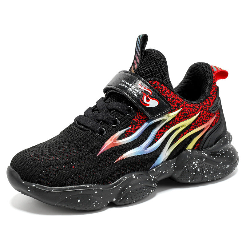 Black mesh boys sneakers with red flame stripe and speckled rubber sole