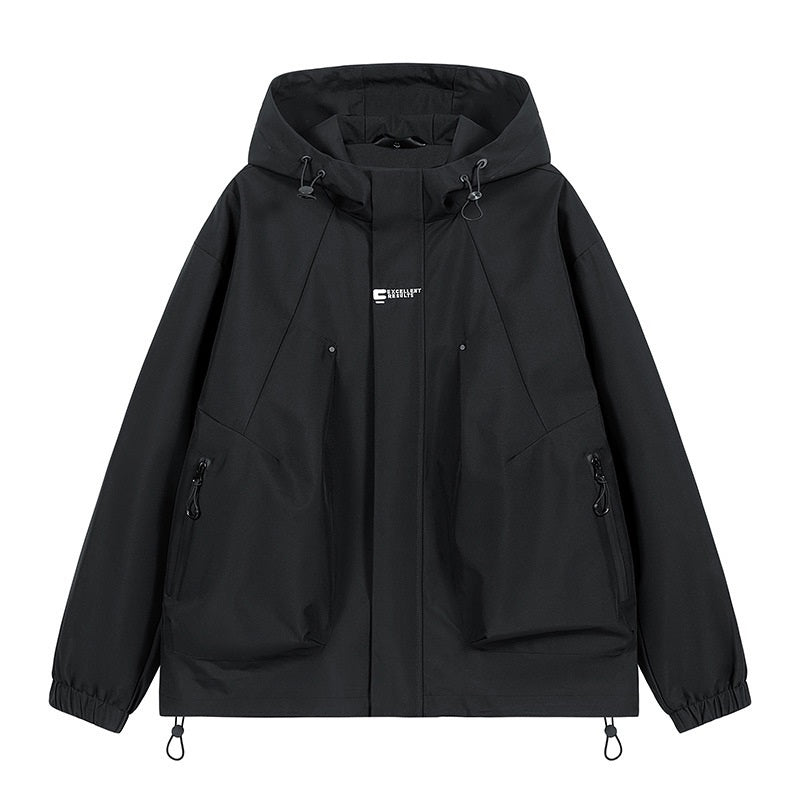 Black hooded waterproof windproof jacket with front zipper and zip chest pockets