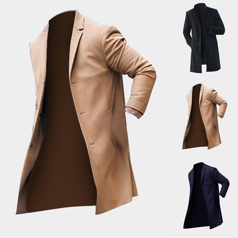 Men's tan long trench coat, notch lapels, single-breasted button front, long sleeves