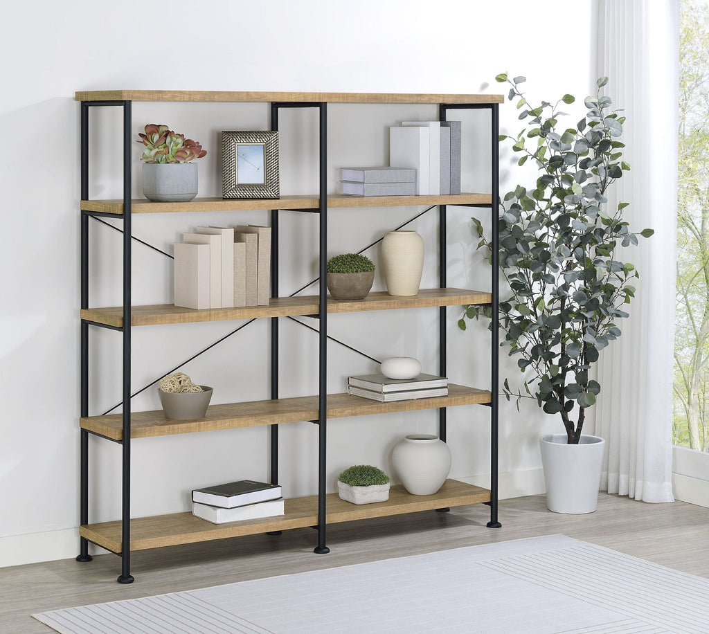 4-shelf double bookshelf with black frame and mango wood shelves