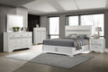 White queen bedroom set with bed frame, dresser, nightstand, and mirror