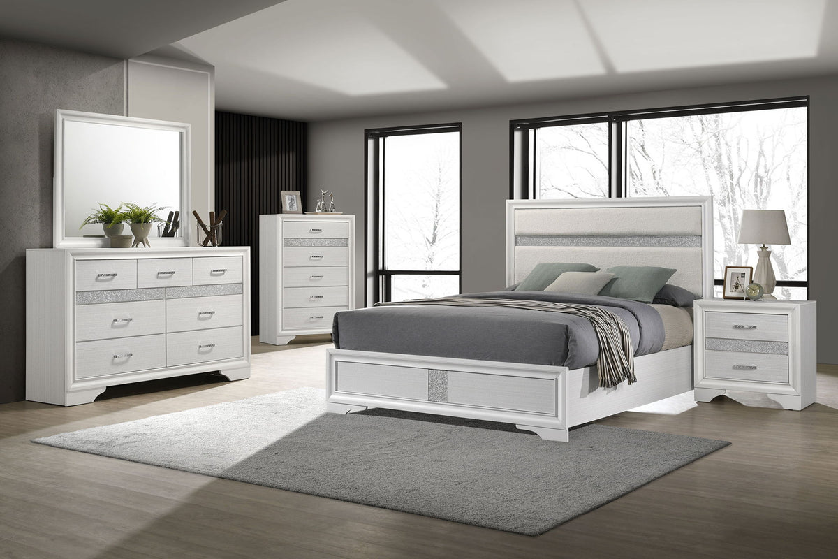 White queen bedroom set with bed frame, dresser, nightstand, and mirror