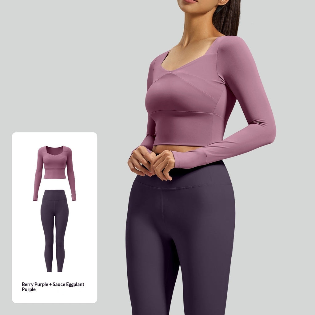 Seamless long-sleeve yoga set, mauve long-sleeve crop top and dark plum high-waist leggings