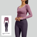 Seamless long-sleeve yoga set, mauve long-sleeve crop top and dark plum high-waist leggings