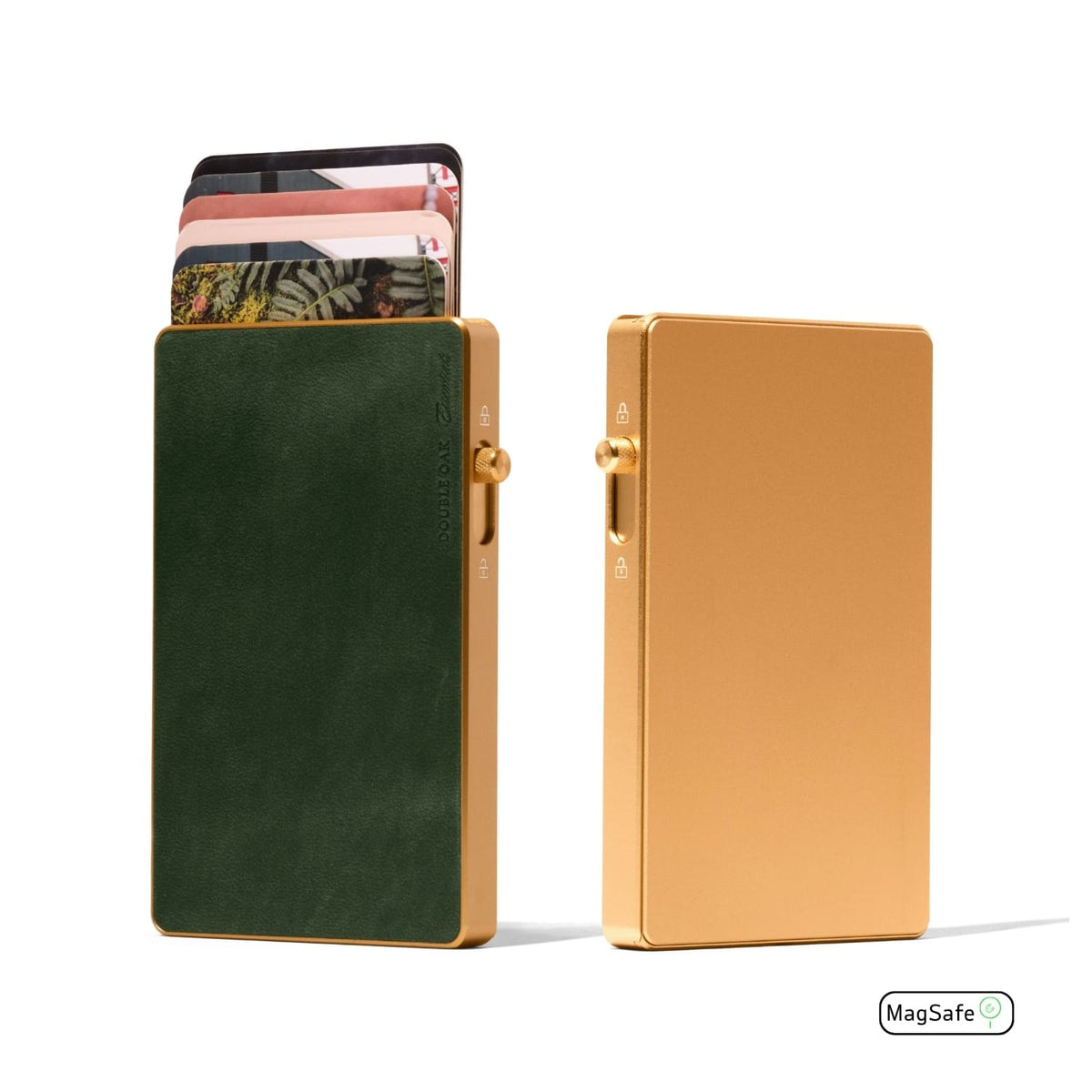 Green leather Mod wallet with gold MagSafe plate, card holder front and side hardware
