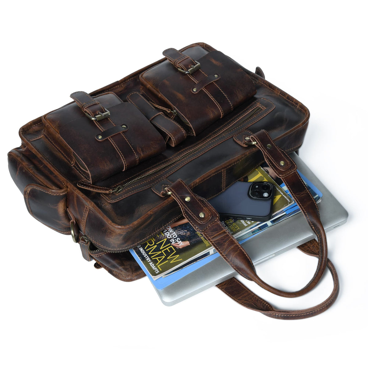 Dark brown leather briefcase top view with flap compartments and buckle closures.