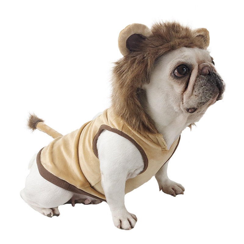 Pet lion costume tunic with plush mane hood and brown neckline trim