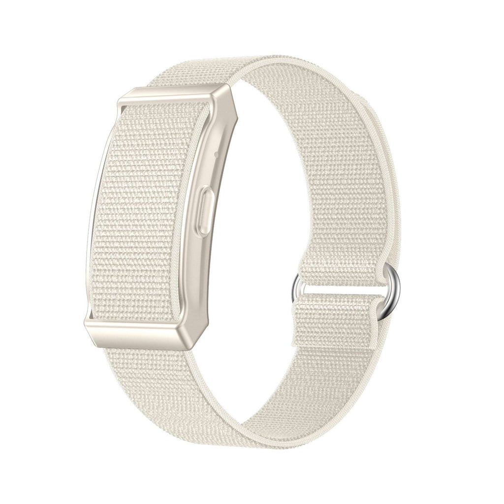 Light beige woven strap smart bracelet with silver-toned sensor module