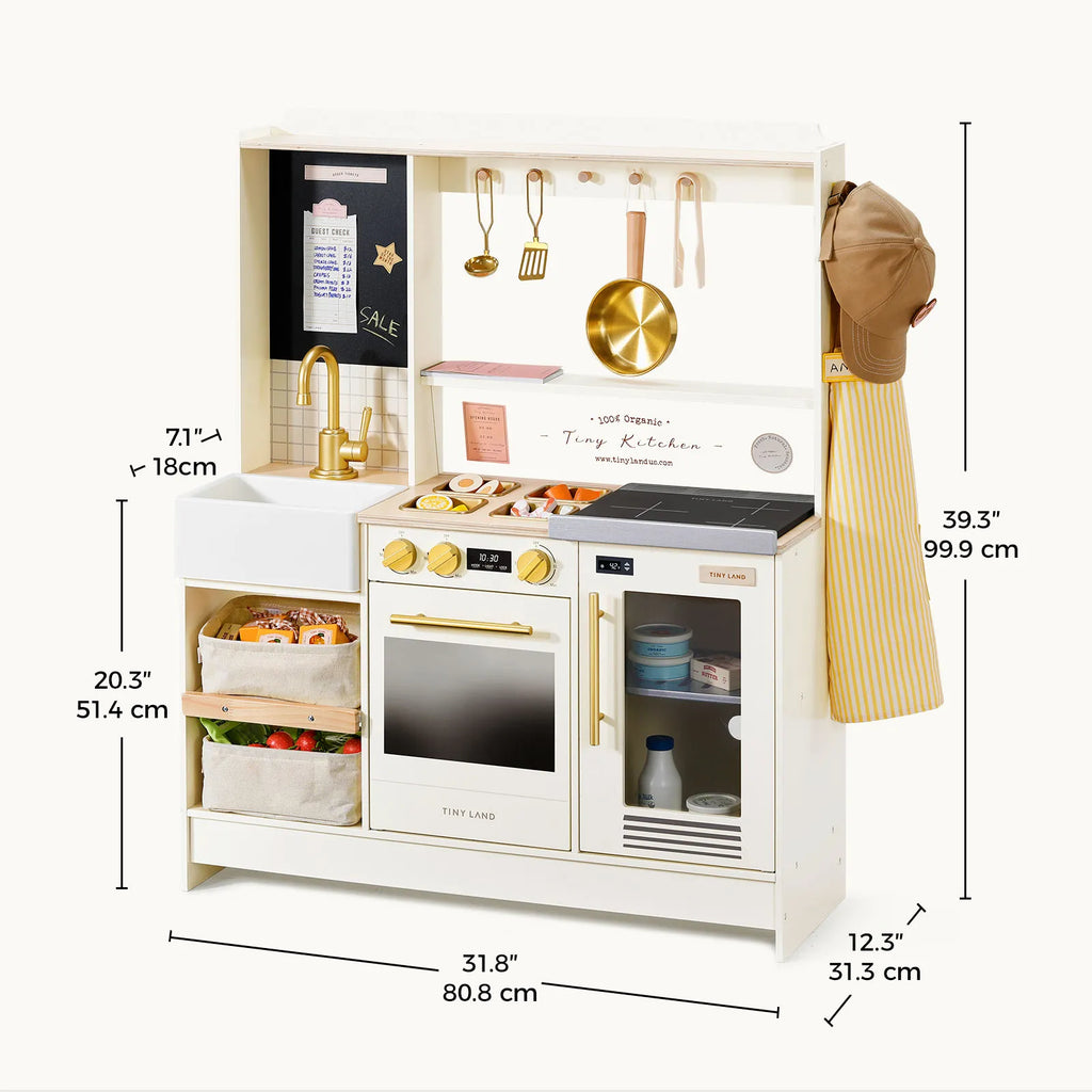 White kids' play kitchen with sink, stove top, open shelf, and oven door