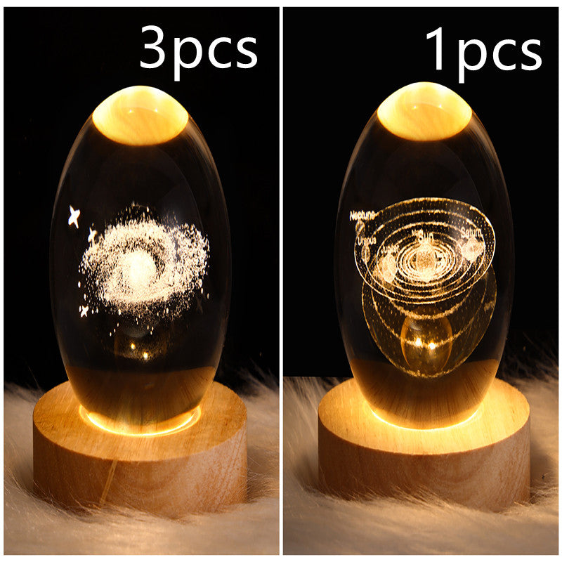 Set of crystal ball LED night lights: galaxy swirl and planet ring design