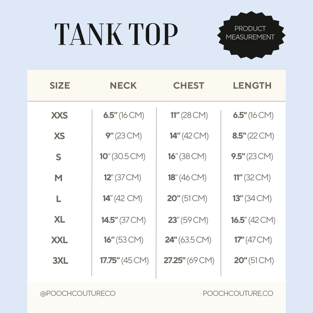 Tank top size chart with neck, chest, and length measurements