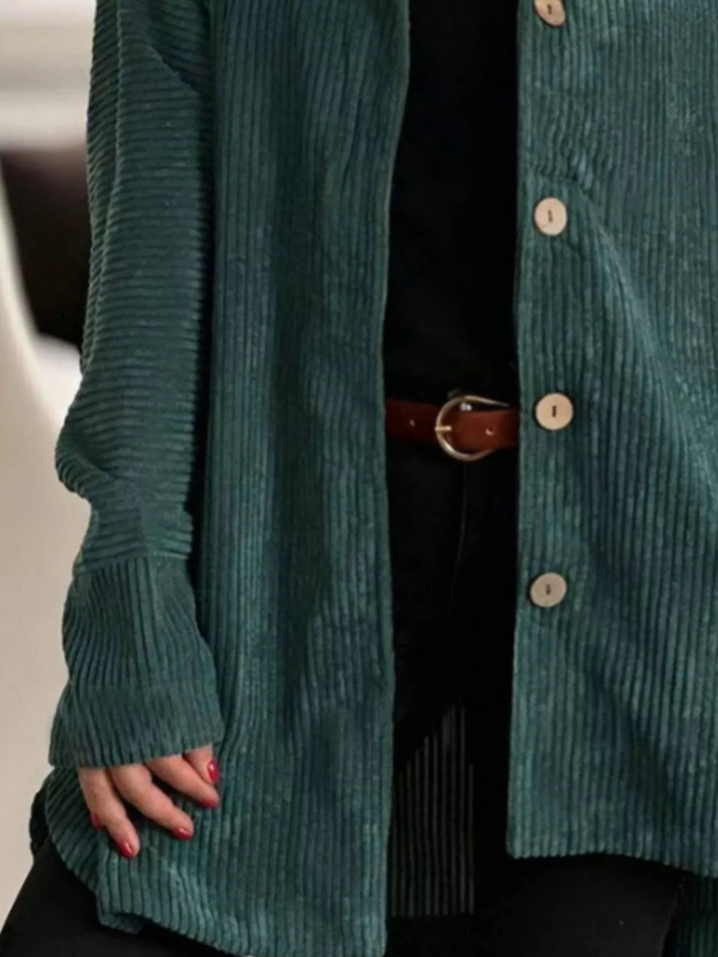 Plus-size corduroy hooded button-up jacket, green, long sleeves and button placket