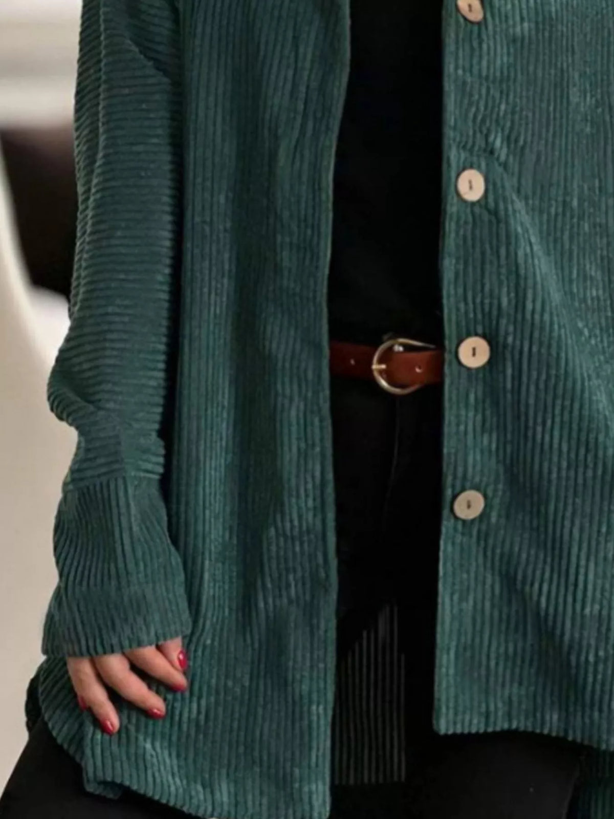 Plus-size corduroy hooded button-up jacket, green, long sleeves and button placket