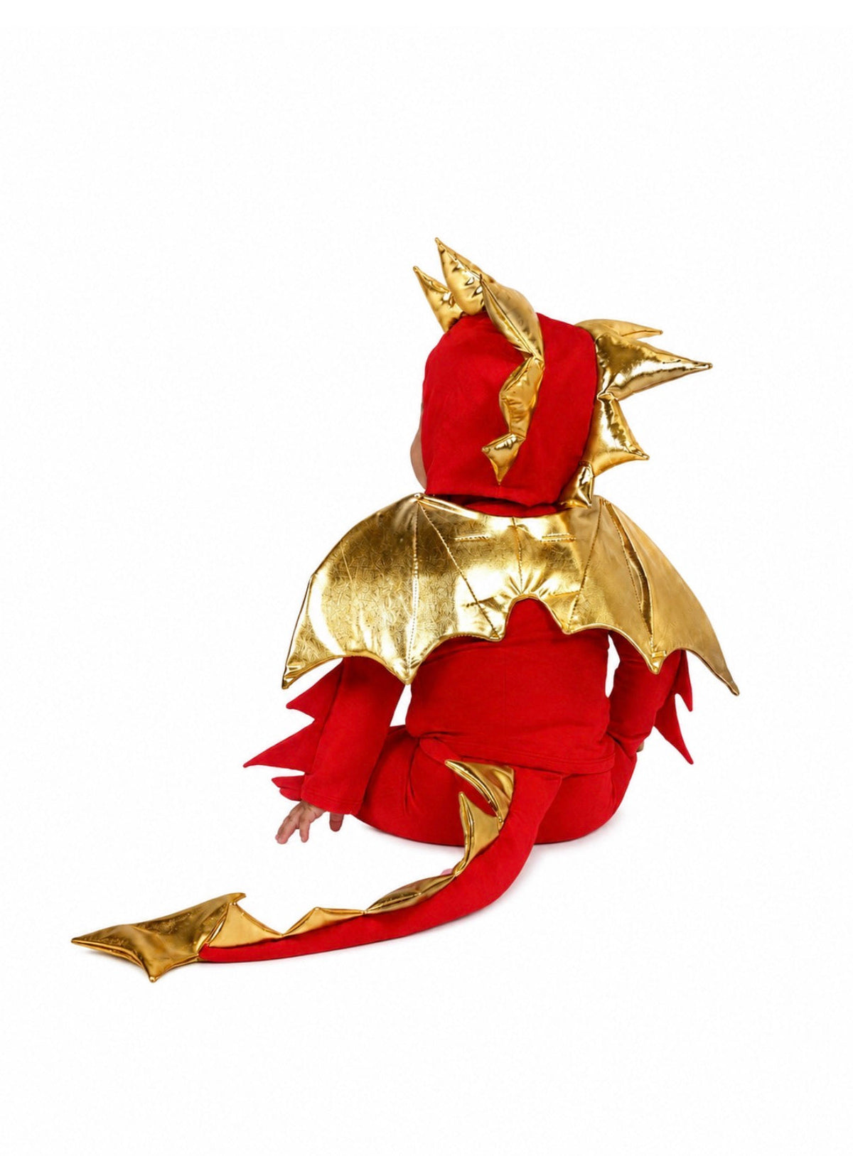 Red and gold dragon costume set with hood, cape-like wings, and attached tail