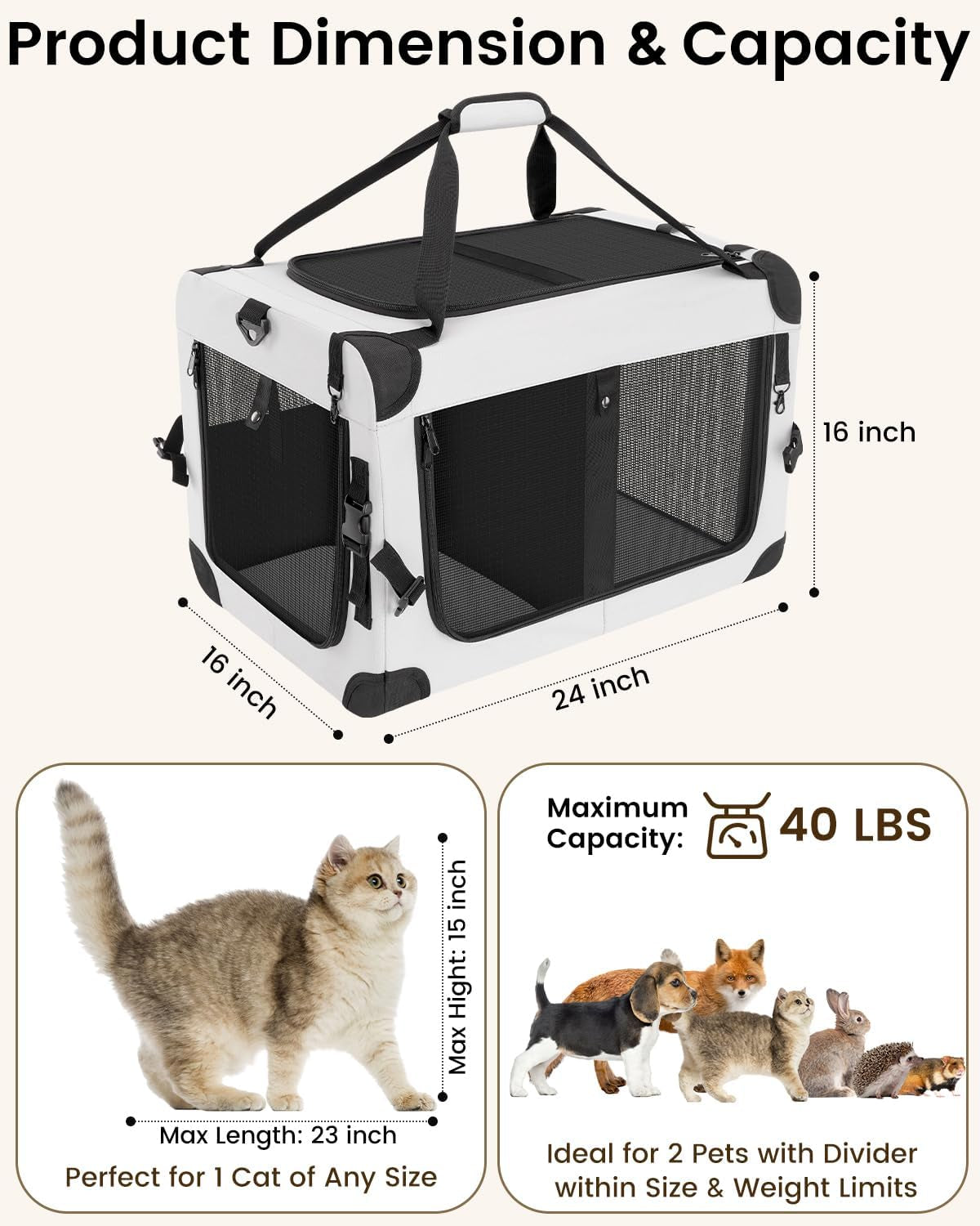 Soft-sided pet carrier with two mesh compartments and removable divider, white and dark gray