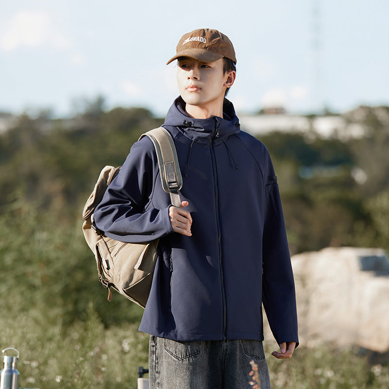 Navy waterproof soft shell jacket with hood, full-zip front, and drawstring neckline