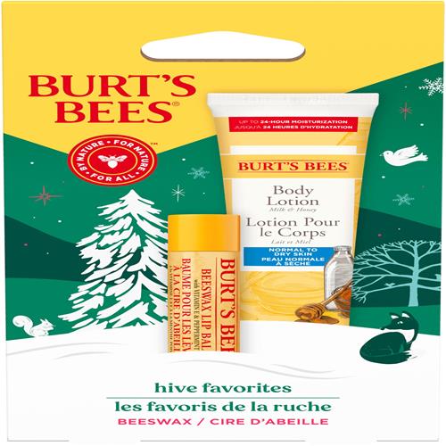 Honey-themed gift set box showing body lotion tube and lip balm tubes in green and yellow