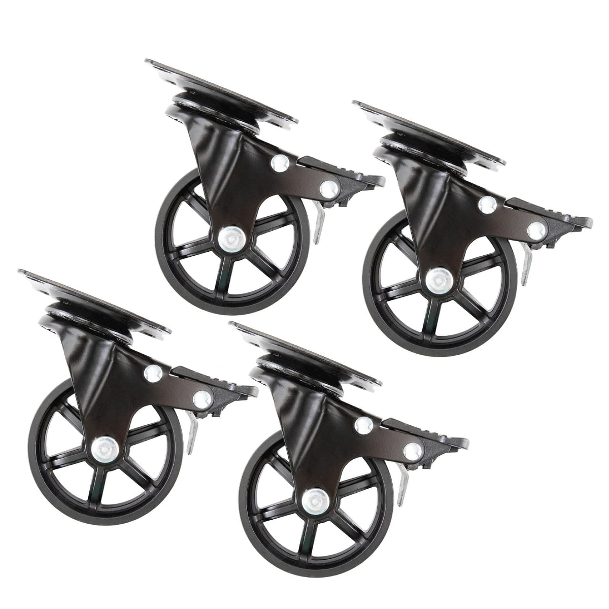 Set of 4 black swivel caster wheels with mounting plates and locking levers