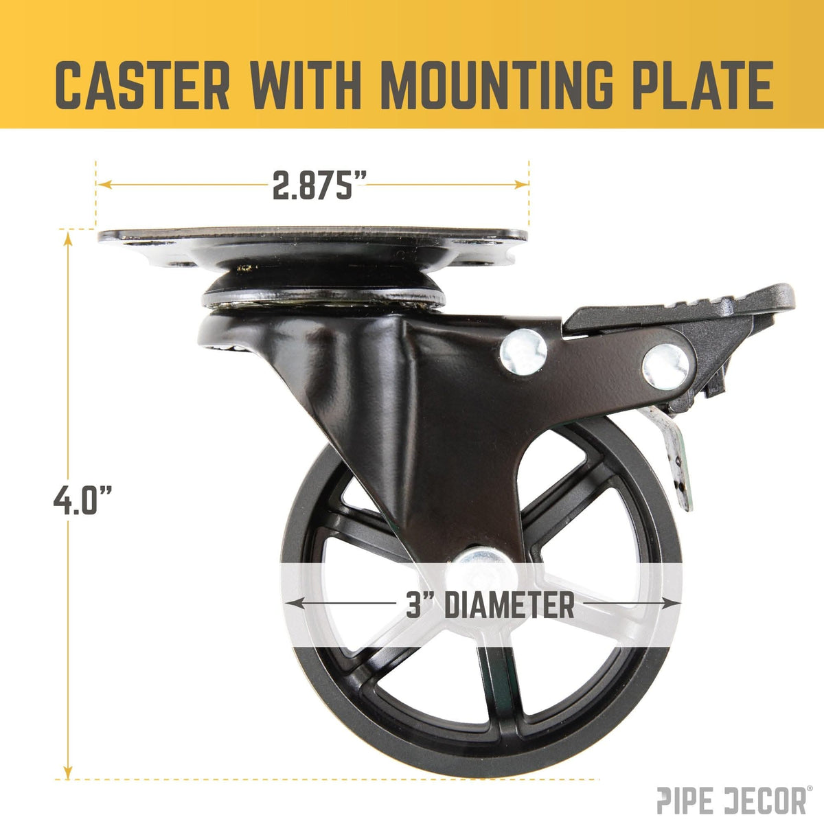Black swivel caster wheel with mounting plate, 3 in wheel diameter, steel frame