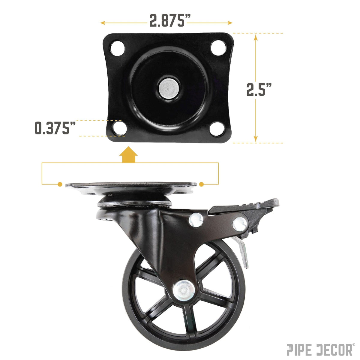 Black caster with square mounting plate and round pivot housing, steel wheel frame