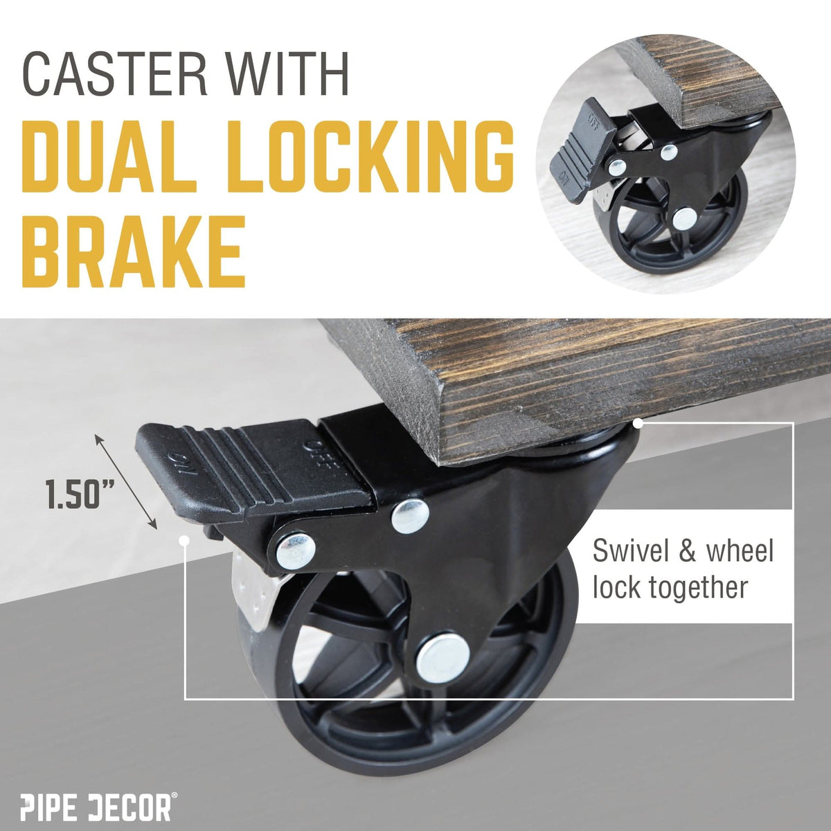 Black dual-locking swivel caster wheel with mounted brake for furniture