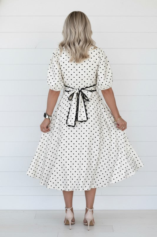 White polka dot midi button-down dress, scalloped trim, bow tie back, 3/4 sleeves
