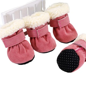 Waterproof winter dog boots, dusty rose suede with white sherpa lining and hook strap