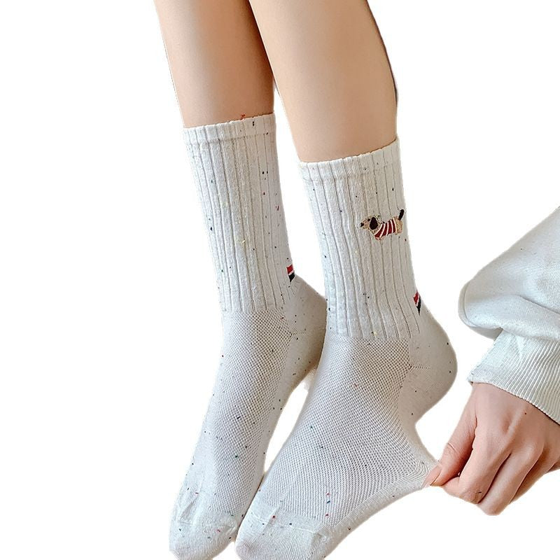 Children's white ribbed socks with small dog embroidery, red/blue stripe at cuff