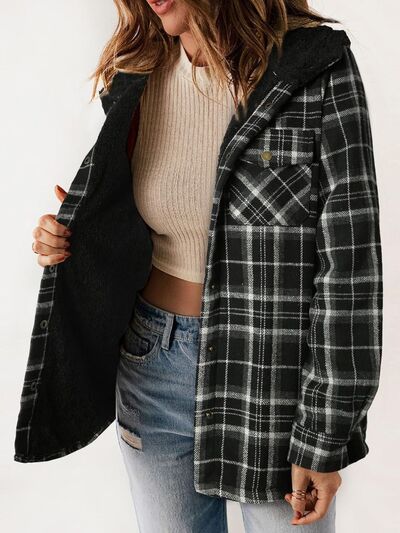 Plaid hooded plush snap jacket in black plaid with black sherpa hood lining and chest pocket