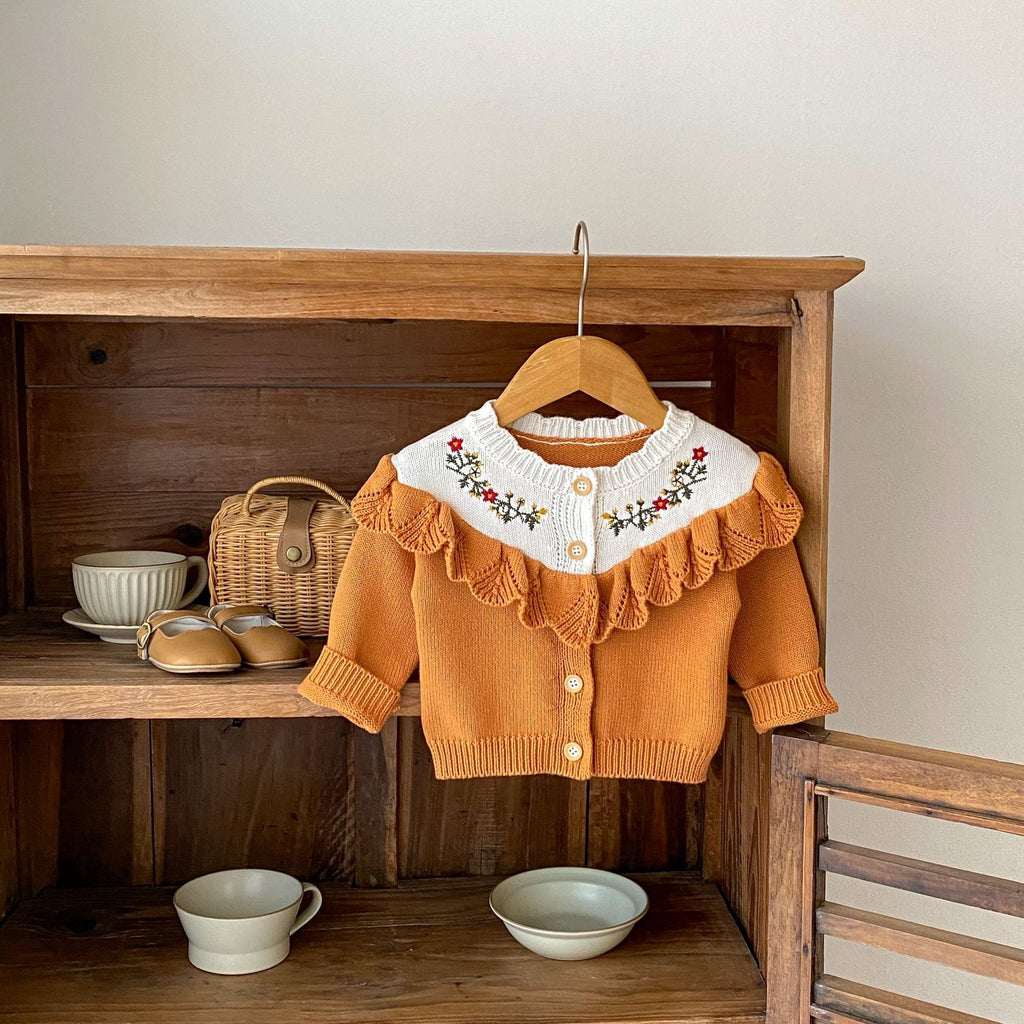 Camel baby girl cardigan with white embroidered yoke, ruffle trim, button front, long sleeves