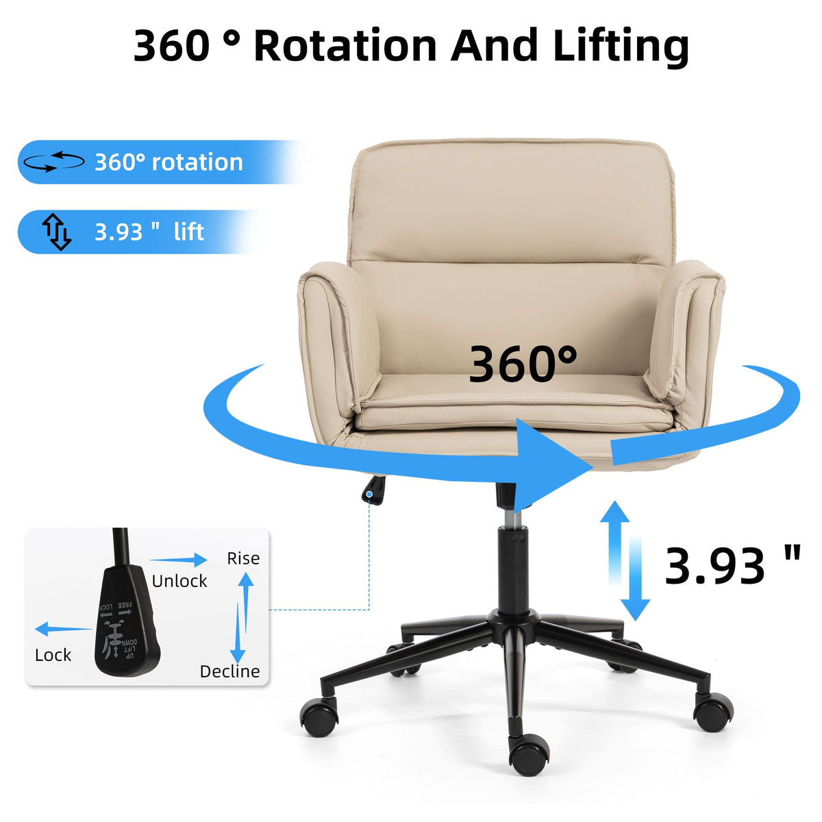 Beige swivel desk chair showing 360-degree rotation and height adjustment on casters