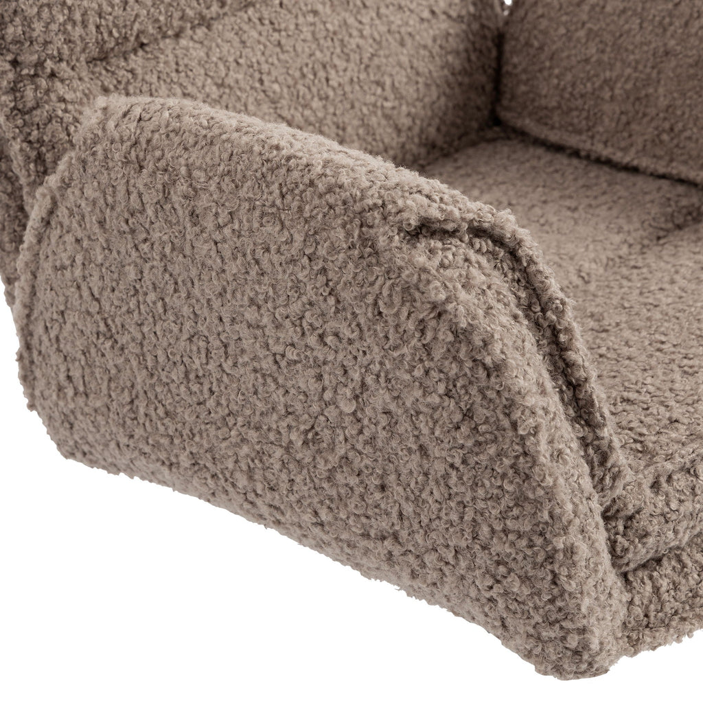 Upholstered desk chair armrest with textured dark-beige fabric, curved corner detail