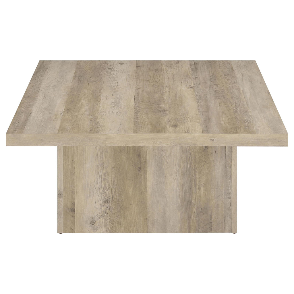 Distressed pine engineered wood square coffee table, side view with clean corners